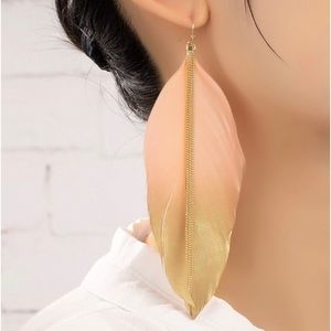 Feather Earrings Women Dangle Drop Bohemian Pink Gold Statement